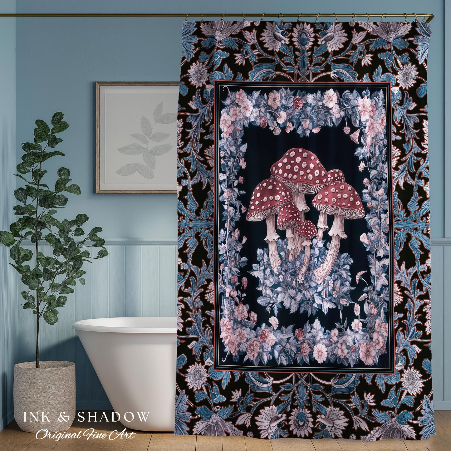 Foraging Fungi Mushroom Shower Curtain | Whimsical Eclectic Decor for Fairy Aesthetic Bathroom Whimsigoth Decor Fairycore Toadstool Witchy