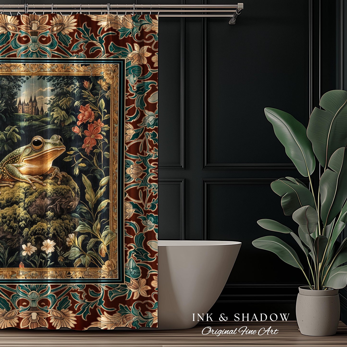 Storybook Aesthetic Frog Shower Curtain | Bohemian Bathroom Floral Ornate Dark Victorian Cottagecore Toad Whimsical Eclectic Home Decor |