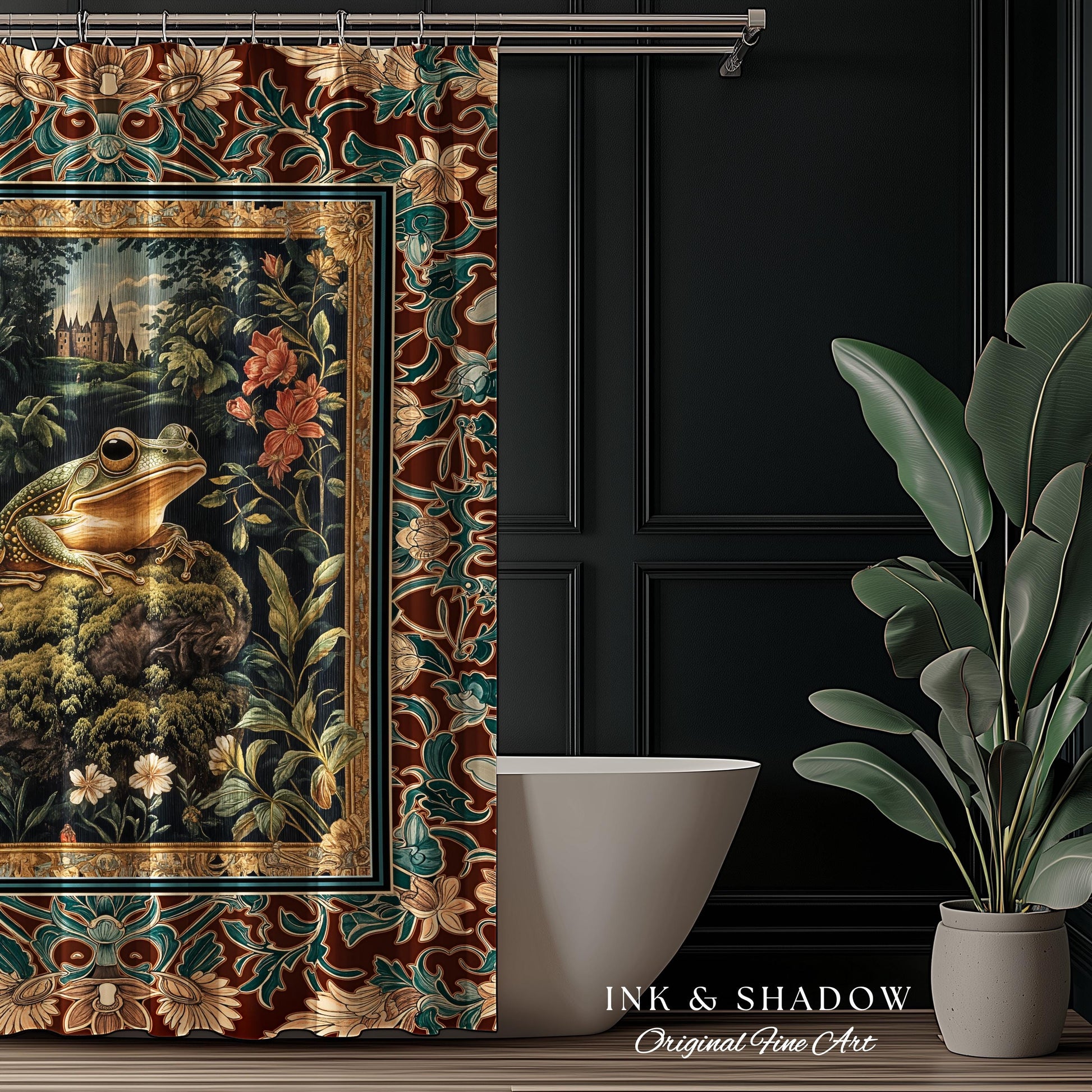Storybook Aesthetic Frog Shower Curtain | Bohemian Bathroom Floral Ornate Dark Victorian Cottagecore Toad Whimsical Eclectic Home Decor |