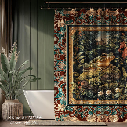 Storybook Aesthetic Frog Shower Curtain | Bohemian Bathroom Floral Ornate Dark Victorian Cottagecore Toad Whimsical Eclectic Home Decor |