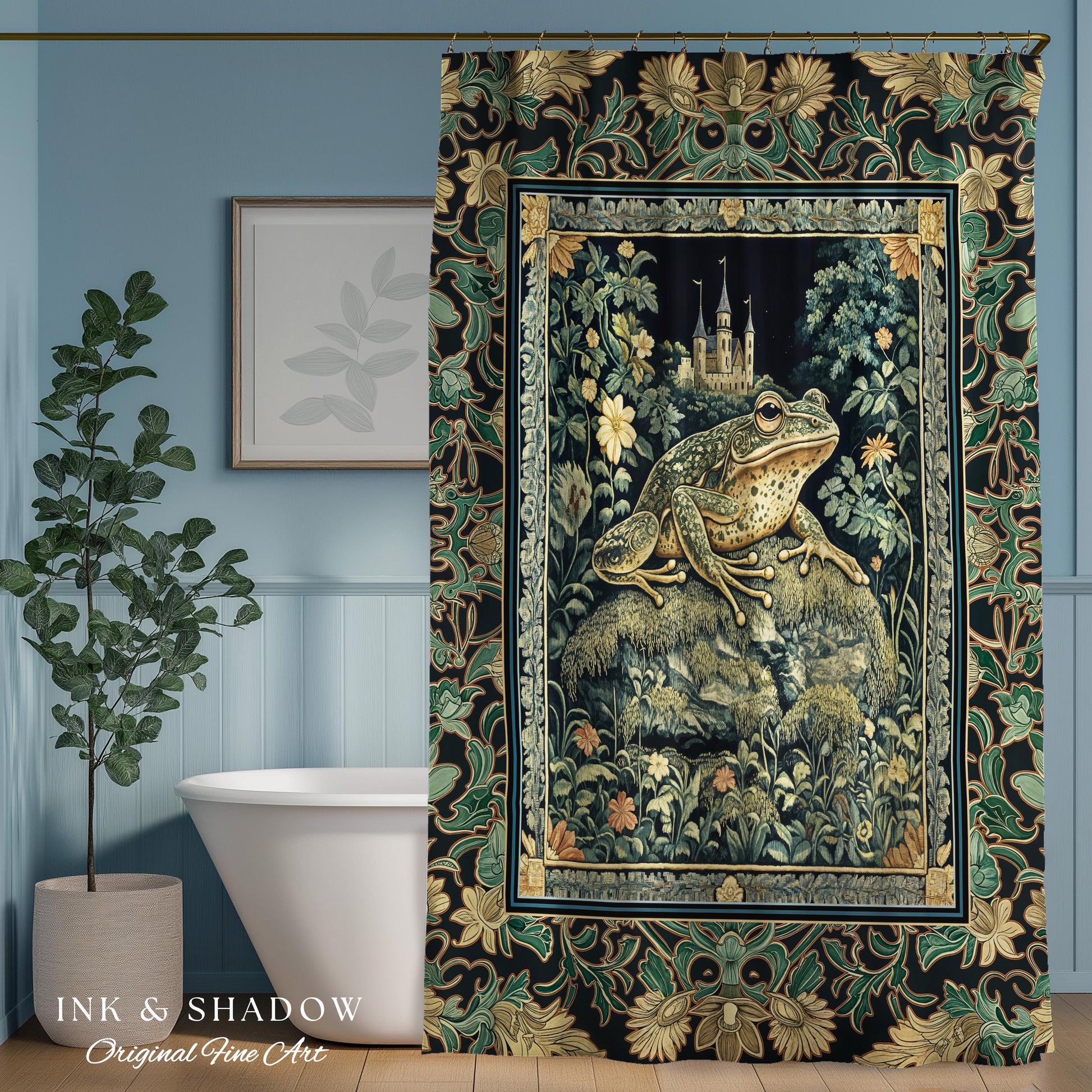 Whimsical Folklore Toad Castle Shower Curtain | Ethereal Landscape Elegant Botanical Goth Victorian Bathroom Eclectic Aesthetic Frog & Toad
