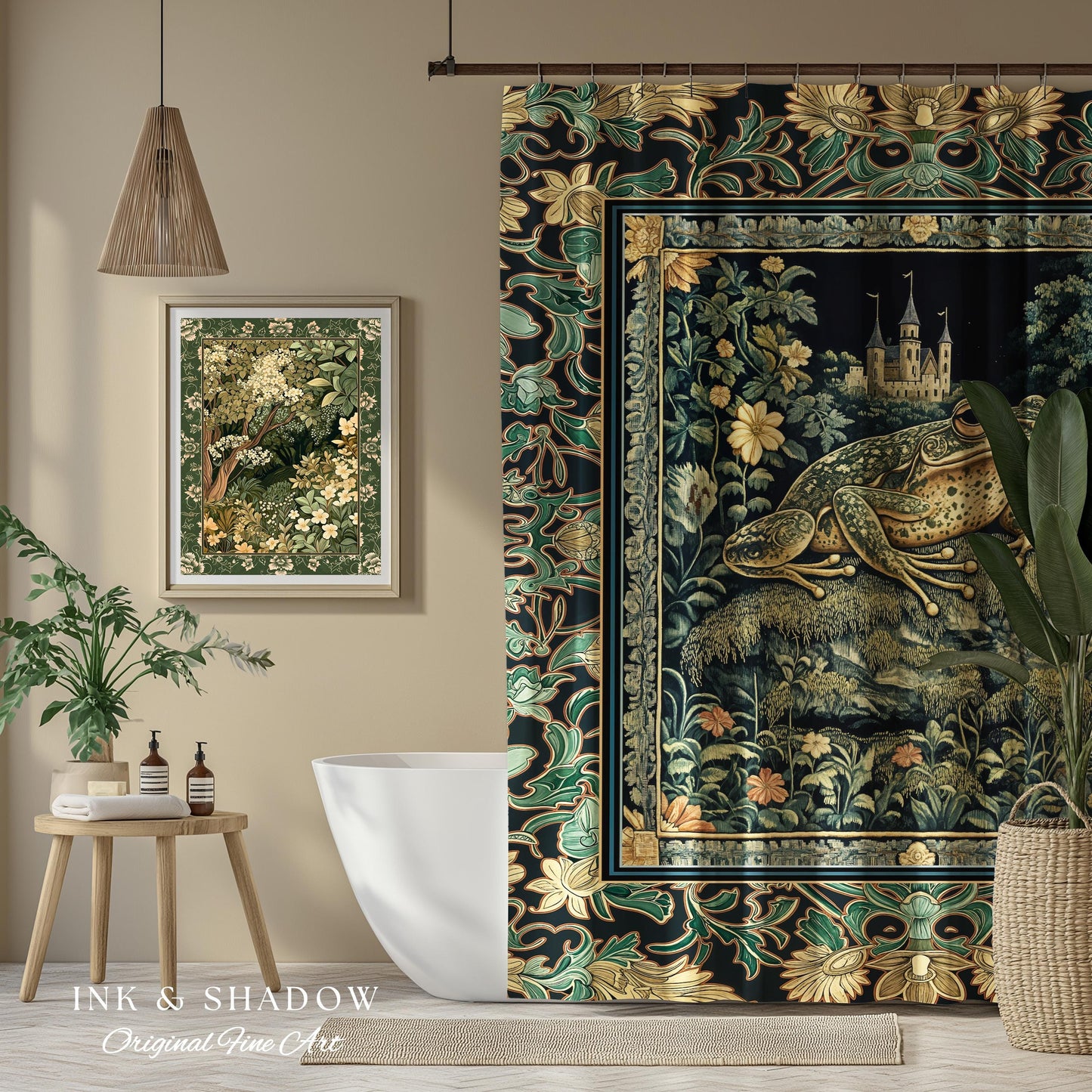 Whimsical Folklore Toad Castle Shower Curtain | Ethereal Landscape Elegant Botanical Goth Victorian Bathroom Eclectic Aesthetic Frog & Toad