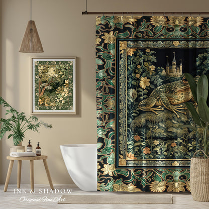 Whimsical Folklore Toad Castle Shower Curtain | Ethereal Landscape Elegant Botanical Goth Victorian Bathroom Eclectic Aesthetic Frog & Toad