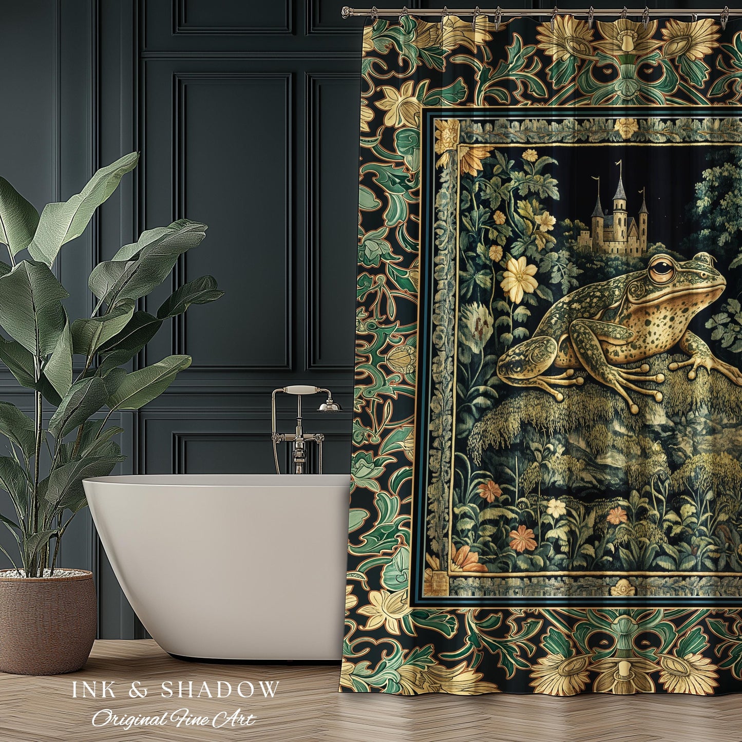 Whimsical Folklore Toad Castle Shower Curtain | Ethereal Landscape Elegant Botanical Goth Victorian Bathroom Eclectic Aesthetic Frog & Toad