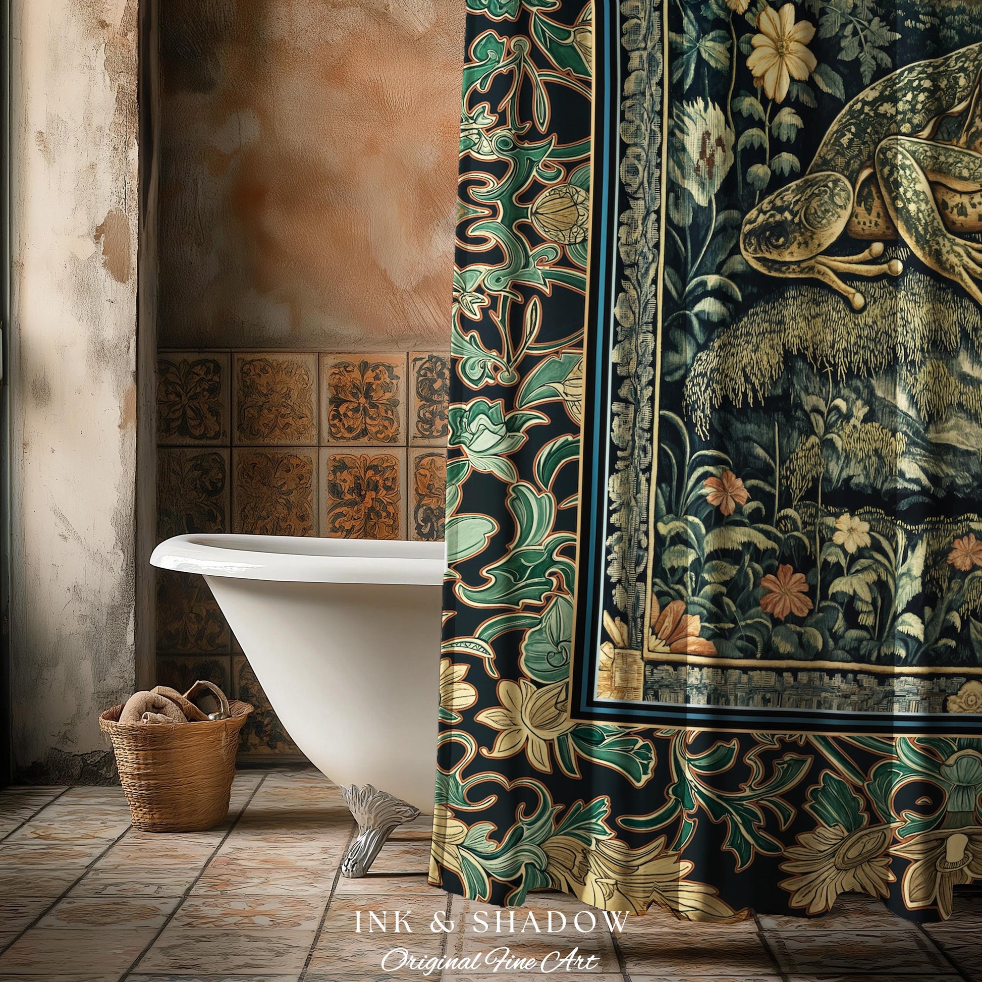 Whimsical Folklore Toad Castle Shower Curtain | Ethereal Landscape Elegant Botanical Goth Victorian Bathroom Eclectic Aesthetic Frog & Toad
