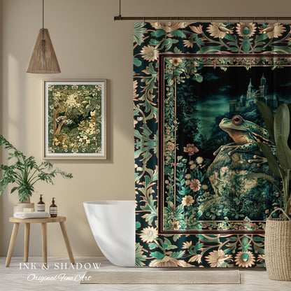 Book Nook Fairytale Shower Curtain | Woodland Gothic Baroque Aesthetic Bathroom Frog Cottagecore Reading Room Floral Border Ornate Style |
