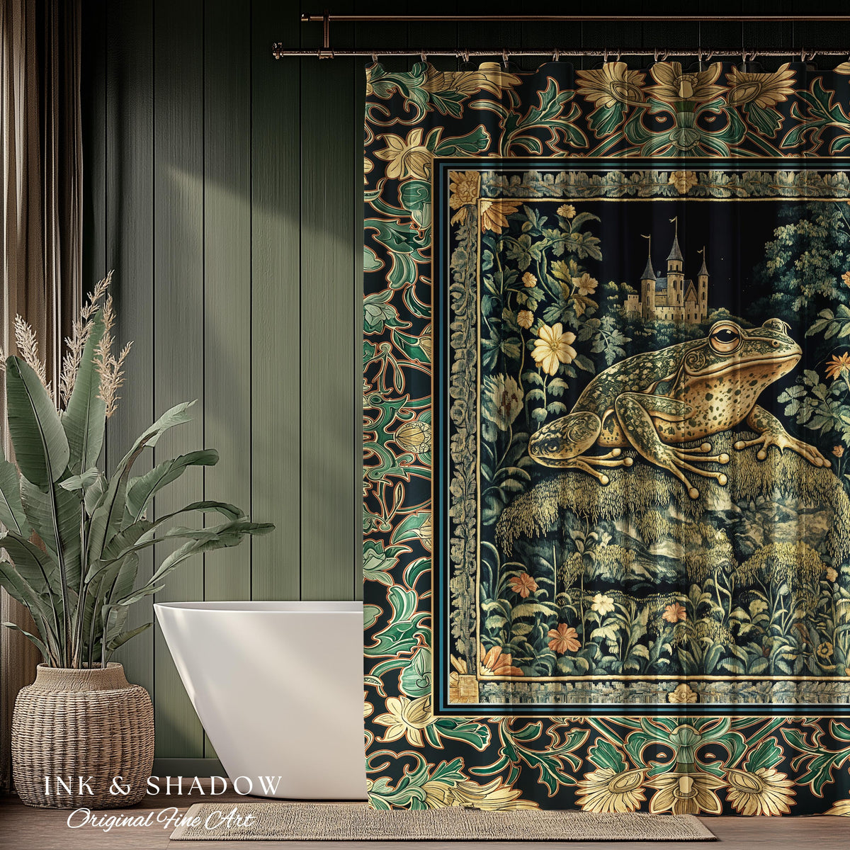 Whimsical Folklore Toad Castle Shower Curtain | Ethereal Landscape Elegant Botanical Goth Victorian Bathroom Eclectic Aesthetic Frog & Toad