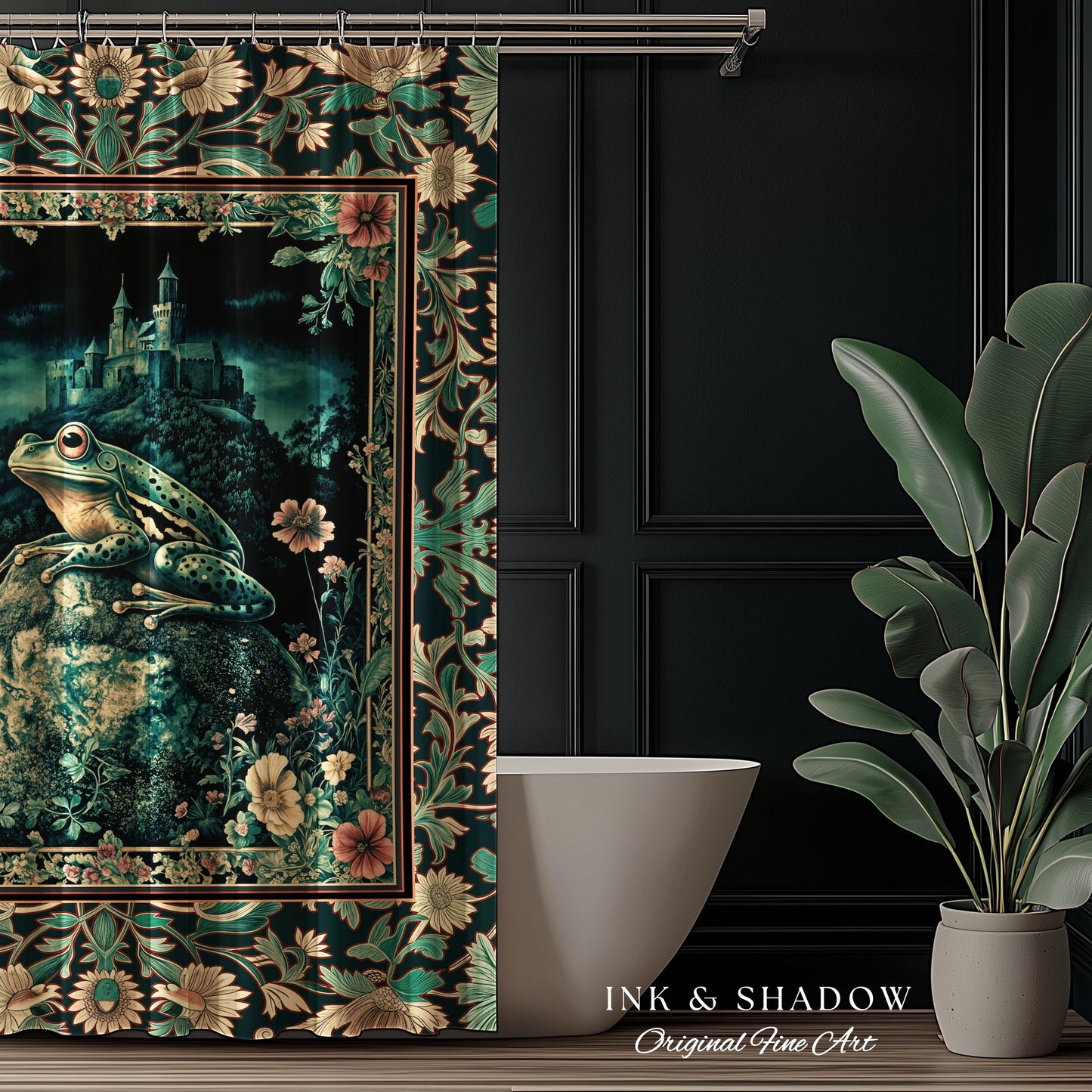Book Nook Fairytale Shower Curtain | Woodland Gothic Baroque Aesthetic Bathroom Frog Cottagecore Reading Room Floral Border Ornate Style |