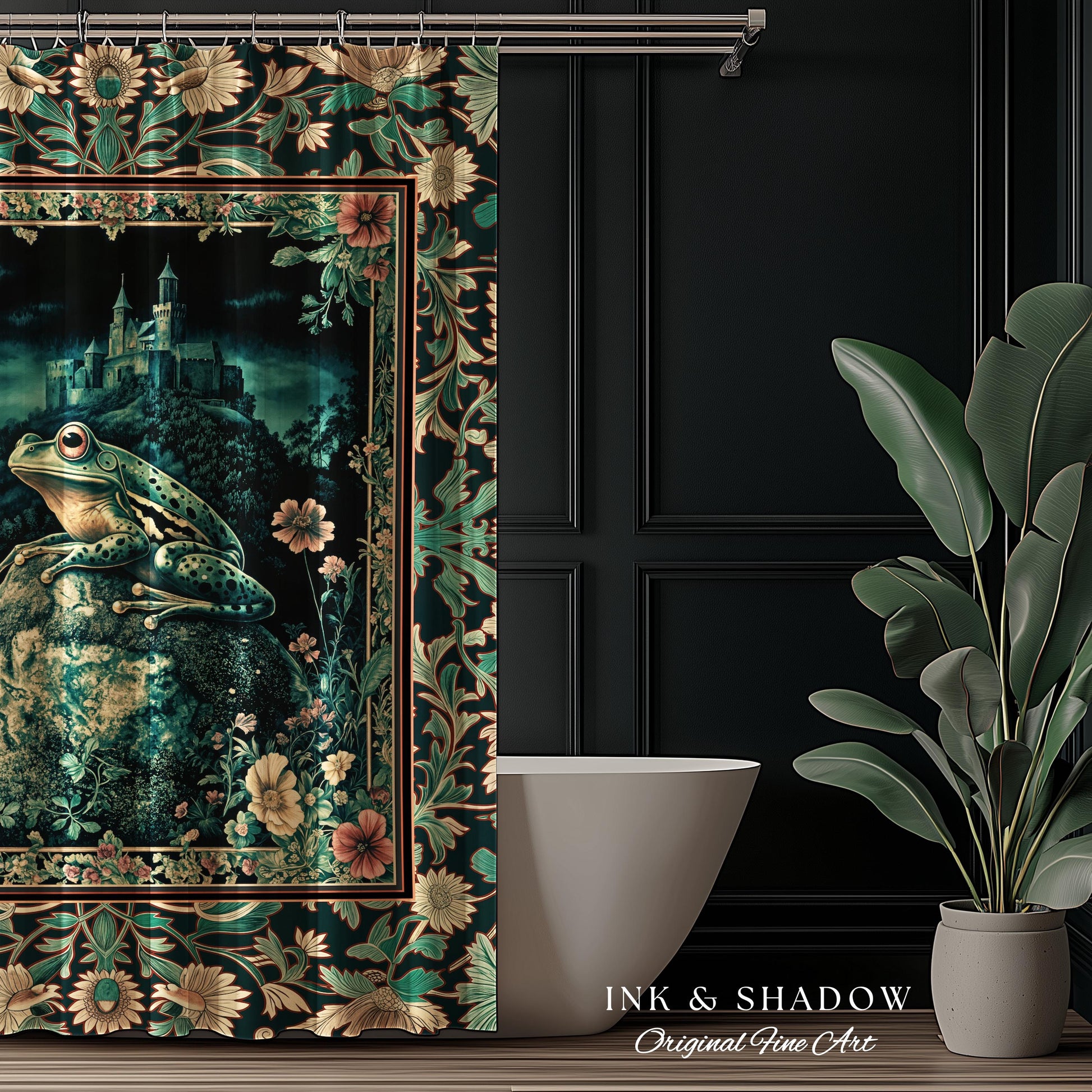 Book Nook Fairytale Shower Curtain | Woodland Gothic Baroque Aesthetic Bathroom Frog Cottagecore Reading Room Floral Border Ornate Style |