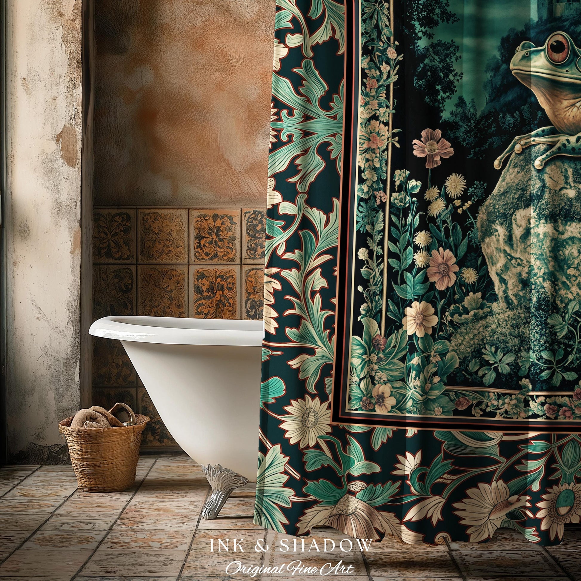 Book Nook Fairytale Shower Curtain | Woodland Gothic Baroque Aesthetic Bathroom Frog Cottagecore Reading Room Floral Border Ornate Style |