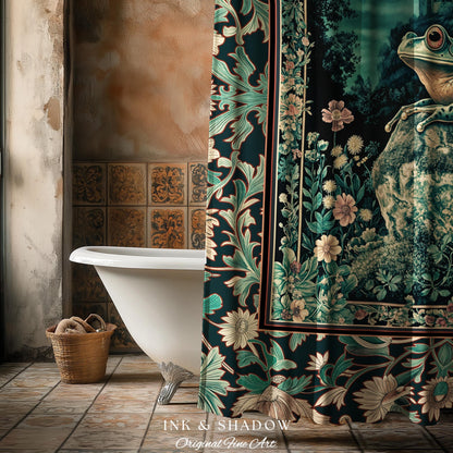 Book Nook Fairytale Shower Curtain | Woodland Gothic Baroque Aesthetic Bathroom Frog Cottagecore Reading Room Floral Border Ornate Style |