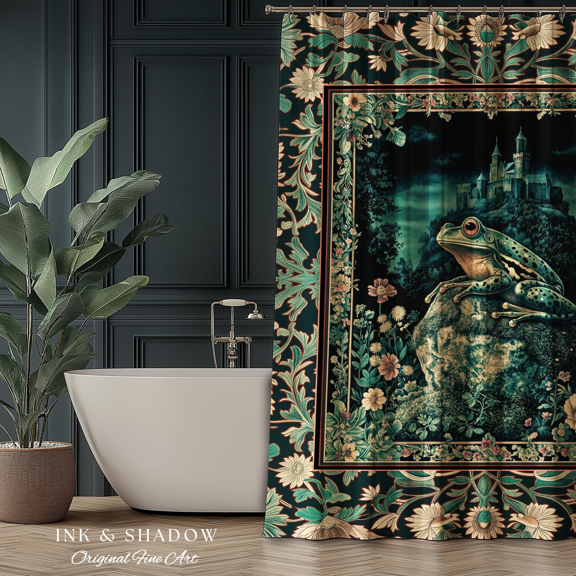 Book Nook Fairytale Shower Curtain | Woodland Gothic Baroque Aesthetic Bathroom Frog Cottagecore Reading Room Floral Border Ornate Style |