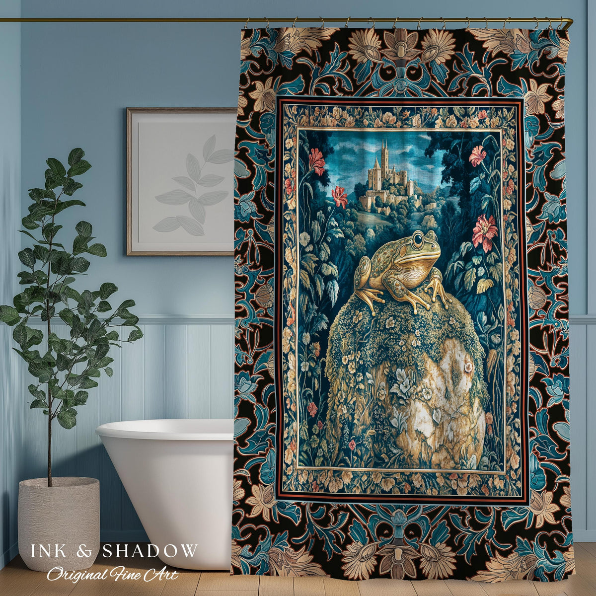 Fairytale Aesthetic Toad Shower Curtain | Frog Lover Bedroom Accent Goblincore Bathroom Dark Cottagecore Magic Eclectic Fairycore Book Nook