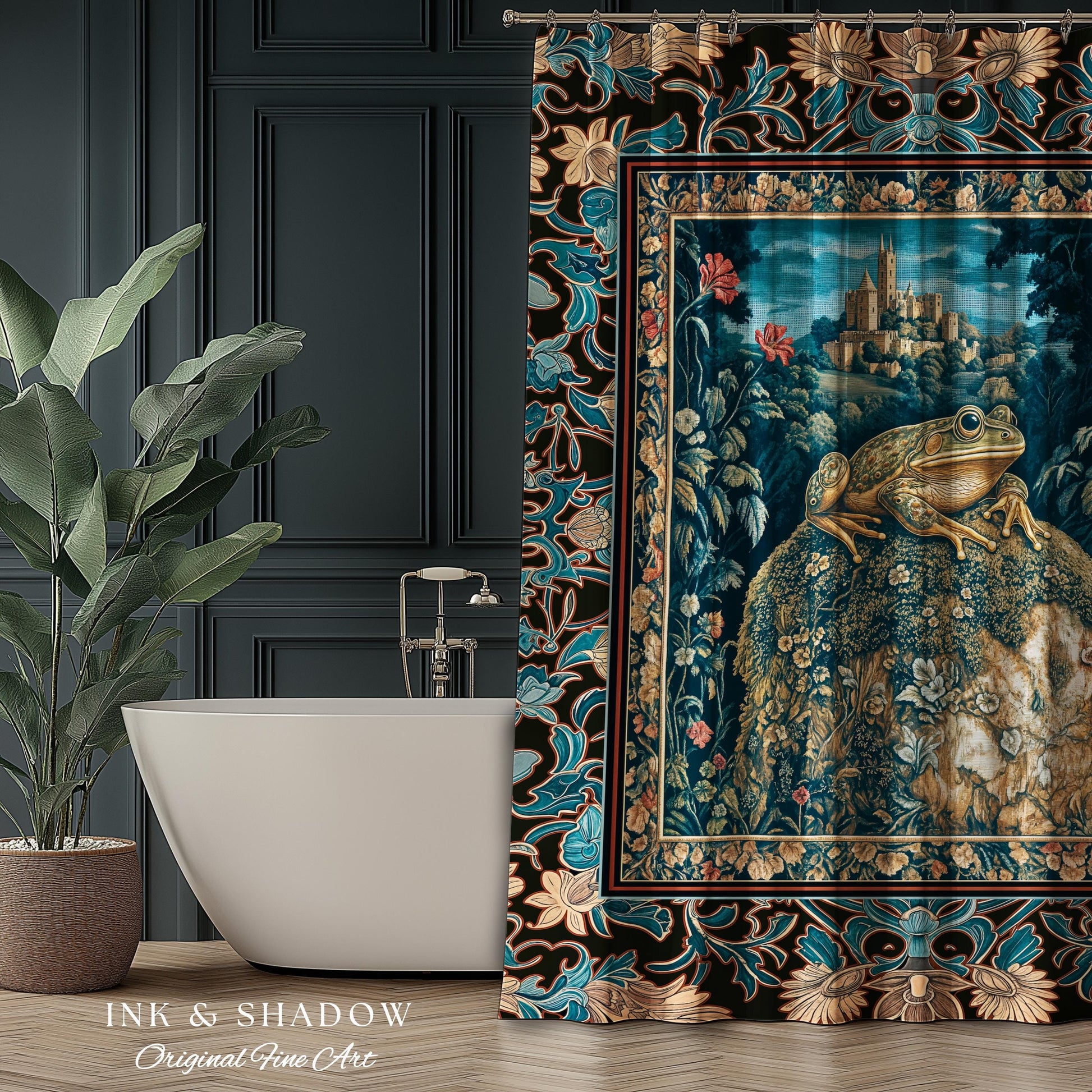 Fairytale Aesthetic Toad Shower Curtain | Frog Lover Bedroom Accent Goblincore Bathroom Dark Cottagecore Magic Eclectic Fairycore Book Nook