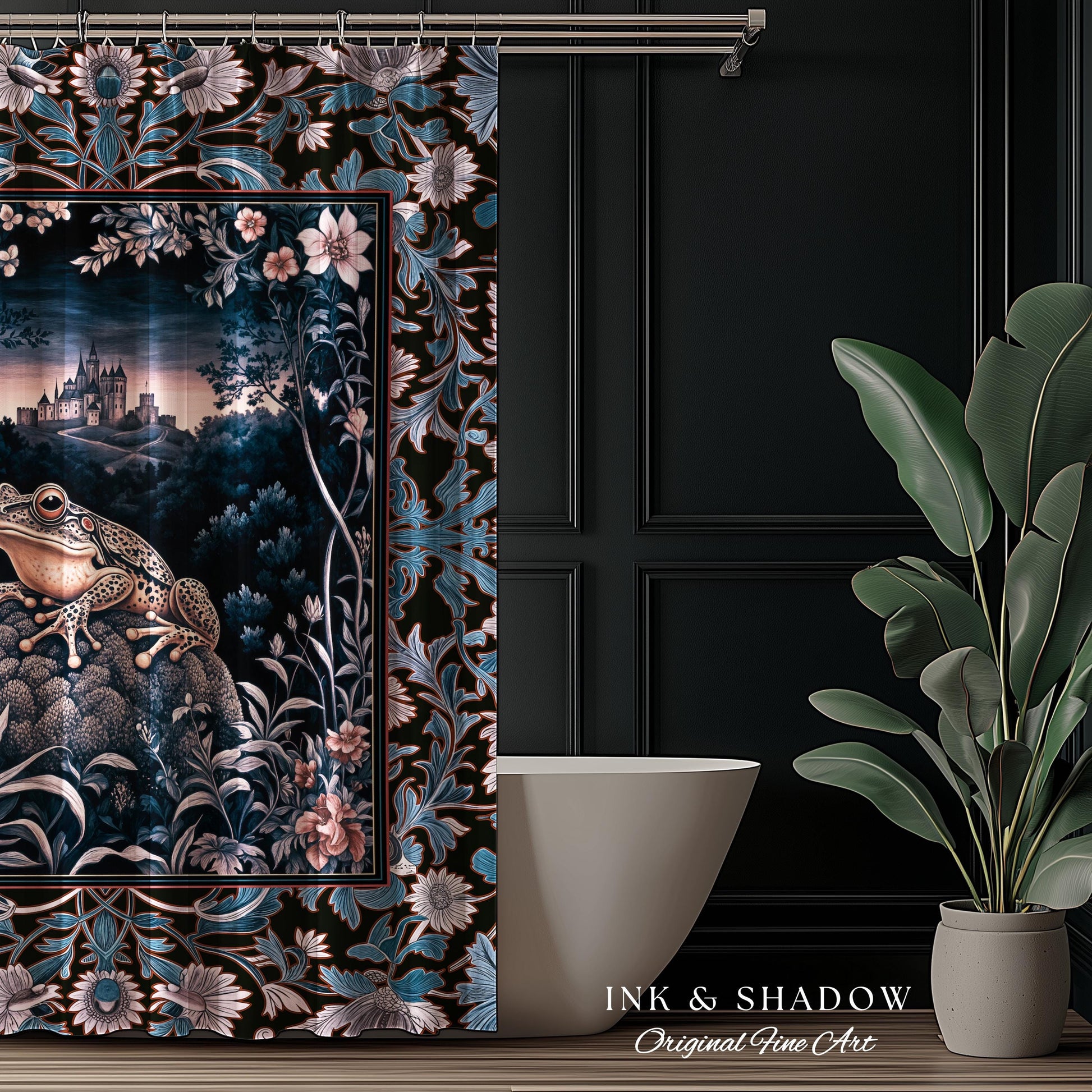 Witchy Toad Shower Curtain for Moody Bathroom | Dark Victorian Floral Frog Lover Decor Eclectic Bath Room Whimsical Cottagecore Aesthetic |