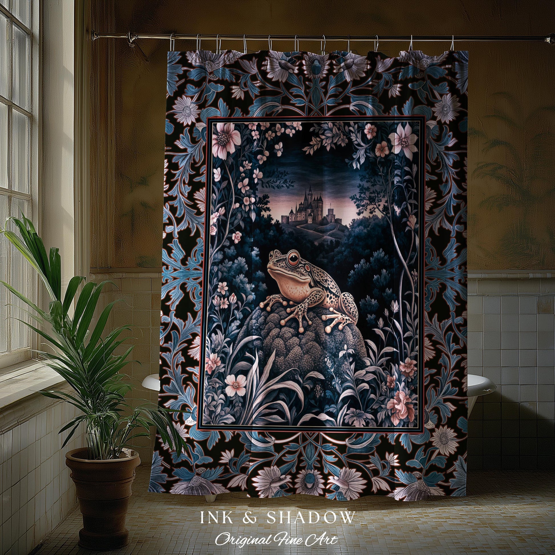 Witchy Toad Shower Curtain for Moody Bathroom | Dark Victorian Floral Frog Lover Decor Eclectic Bath Room Whimsical Cottagecore Aesthetic |
