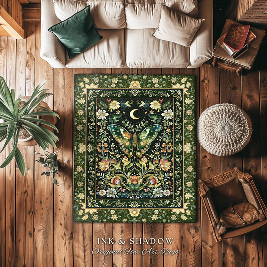 Woodland Gothic Botanical Moth Rug Witchy Dark Academia Aesthetic Room Decor, Whimsical Green Cottagecore Butterfly Wildflower Fairycore Rug