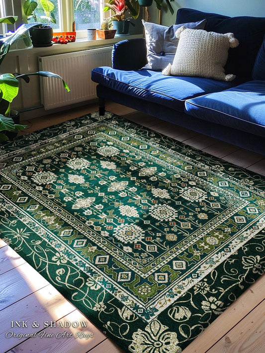 Forest Green Area Rug Boho Decor Rustic Aesthetic Living Room Sage Green Home Decor | Housewarming Gift Cottagecore Green Bedroom Floor Mat