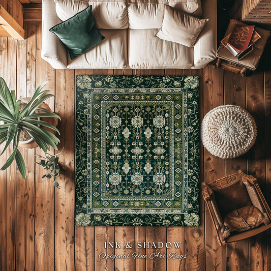 Forest Green Area Rug Boho Decor Rustic Aesthetic Living Room Sage Green Home Decor | Housewarming Gift Cottagecore Green Bedroom Floor Mat