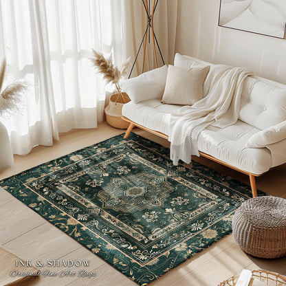 a living room with a white couch and a green rug