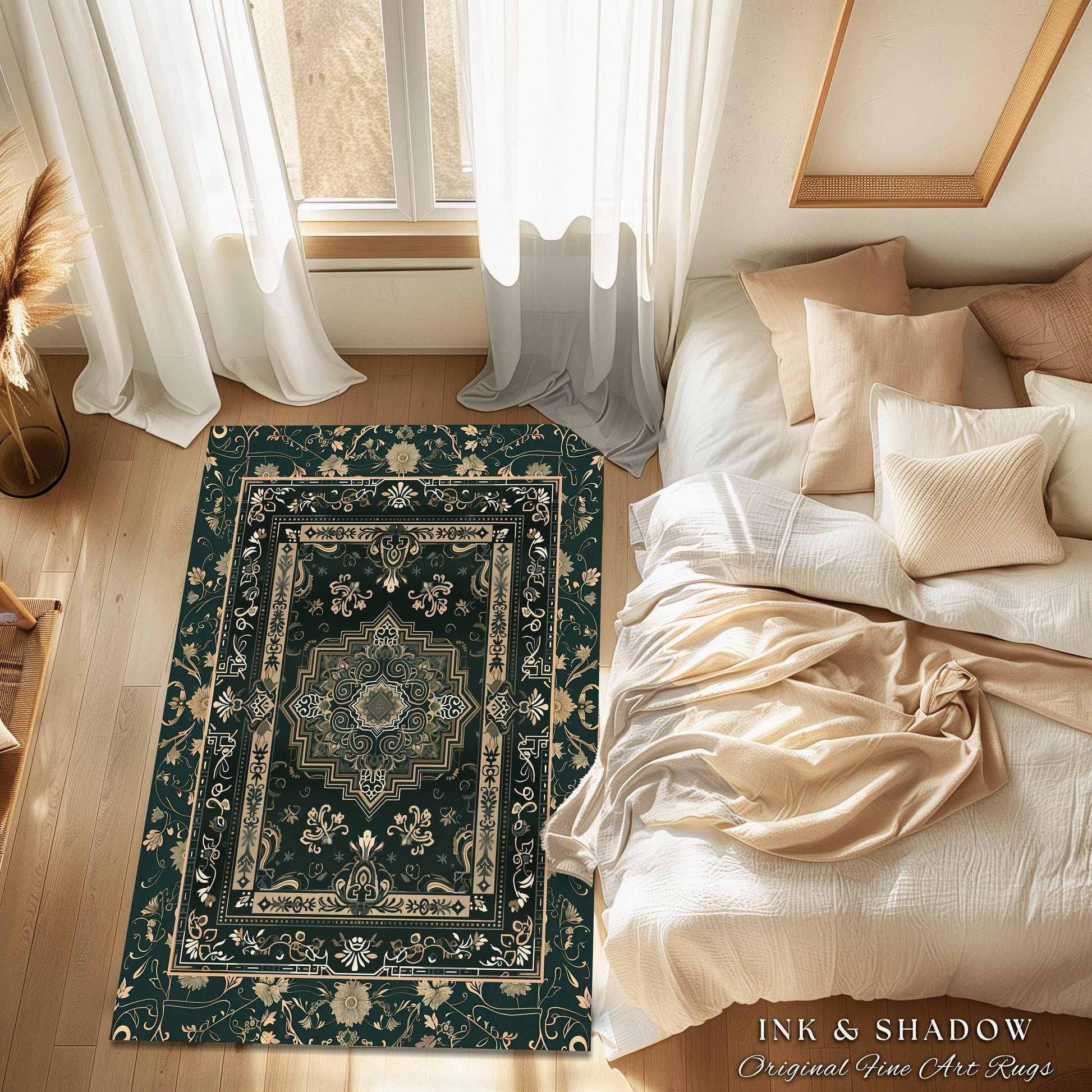 a bedroom with a large rug on the floor