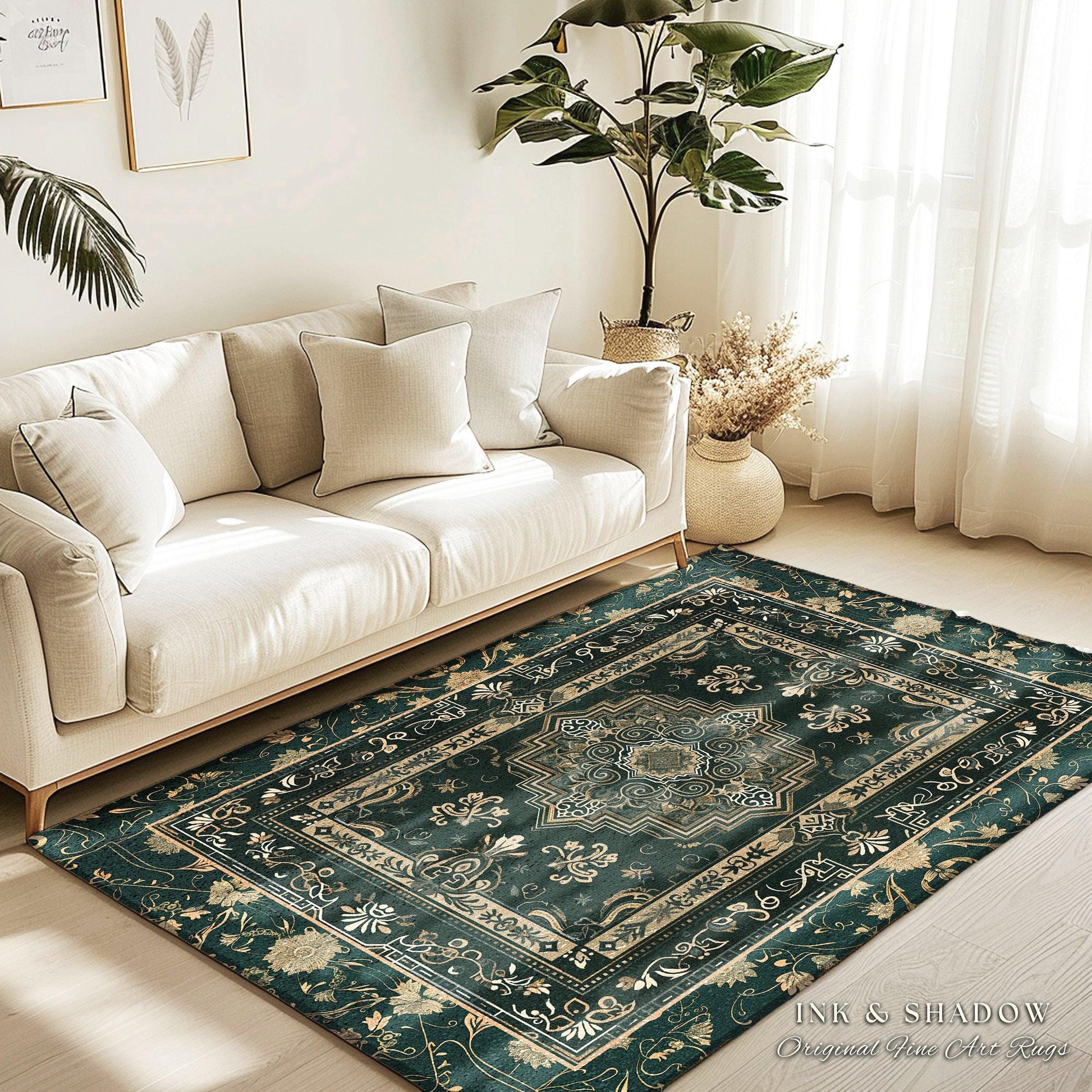 a living room with a white couch and a green rug