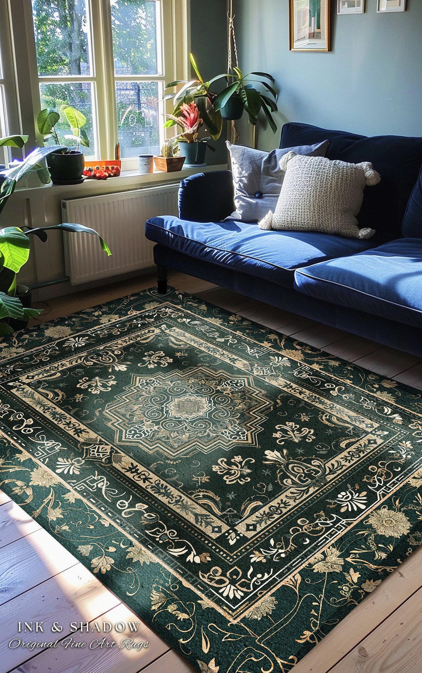 a living room with a blue couch and a green rug