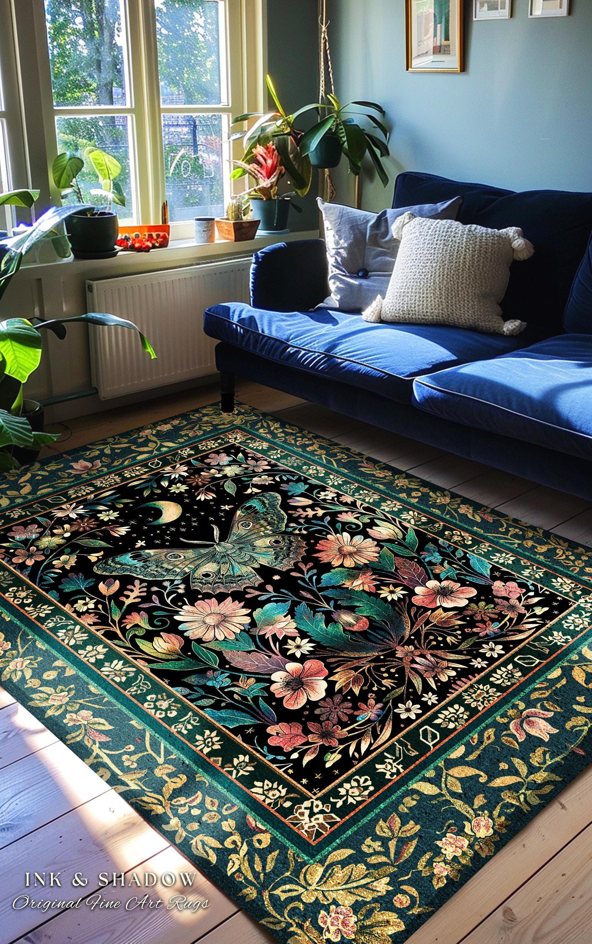 Mystic Moonlit Garden Moth Rug Whimigothic Fairycore Decor | Dark Floral Witchy Moth Rug Whimsical Home Decor Butterfly Cottagecore Rug Gift