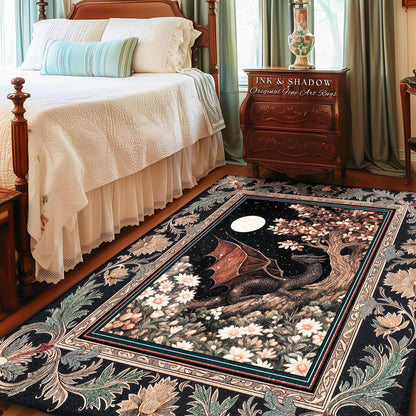 Dreamscape Rug Twilight Dragon Dark Floral Enchanted Victorian Gothic Art Decor | Mystic Forest Whimsical Folklore Magical Home Accent |