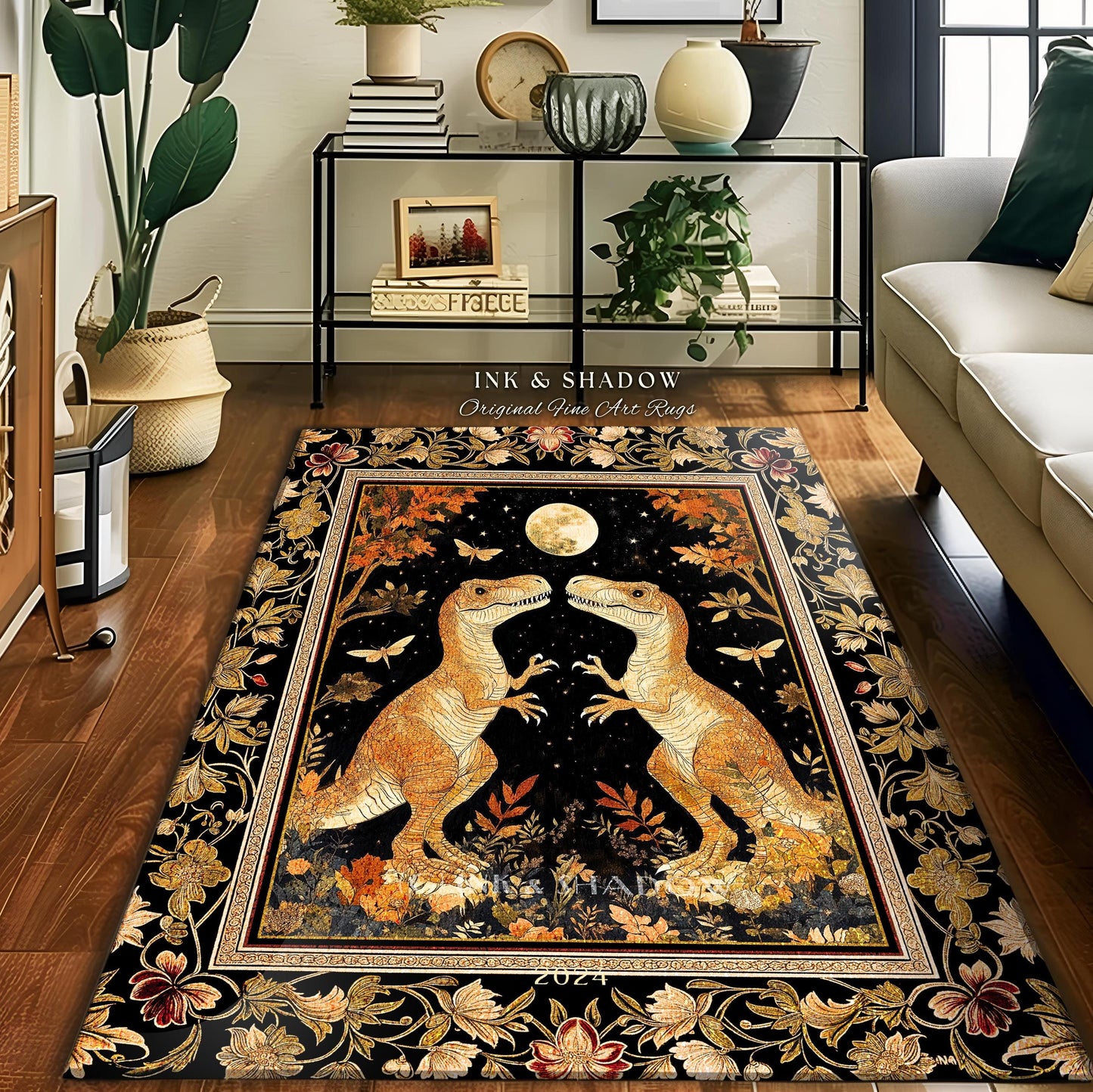 Regal Dinosaur Lovers Rug Antique Gold Baroque Botanical Moonlit Night Decor | Dark Academia Celestial T-Rex Art Ornate Whimsigothic Accent