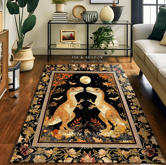 Regal Dinosaur Lovers Rug Antique Gold Baroque Botanical Moonlit Night Decor | Dark Academia Celestial T-Rex Art Ornate Whimsigothic Accent