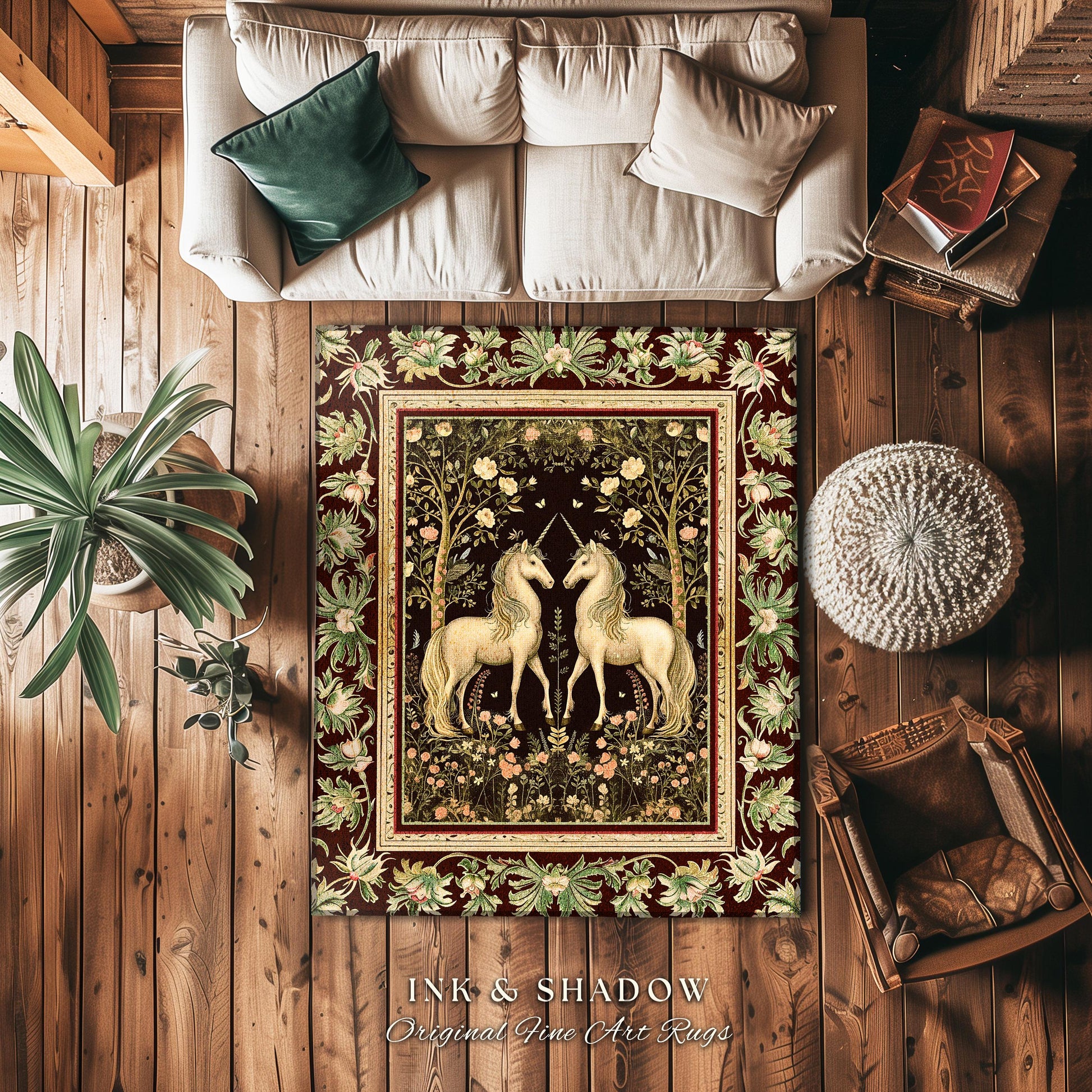 Mystic Storybook Aesthetic Unicorn Rug | Whimsical Sage Green Ornate Baroque Fantasy Area Rug Enchanted Nouveau Cottagecore Fairytale Accent