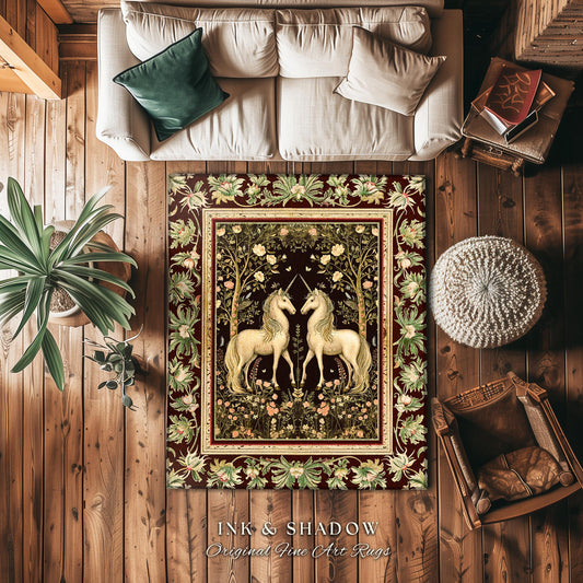 Mystic Storybook Aesthetic Unicorn Rug | Whimsical Sage Green Ornate Baroque Fantasy Area Rug Enchanted Nouveau Cottagecore Fairytale Accent