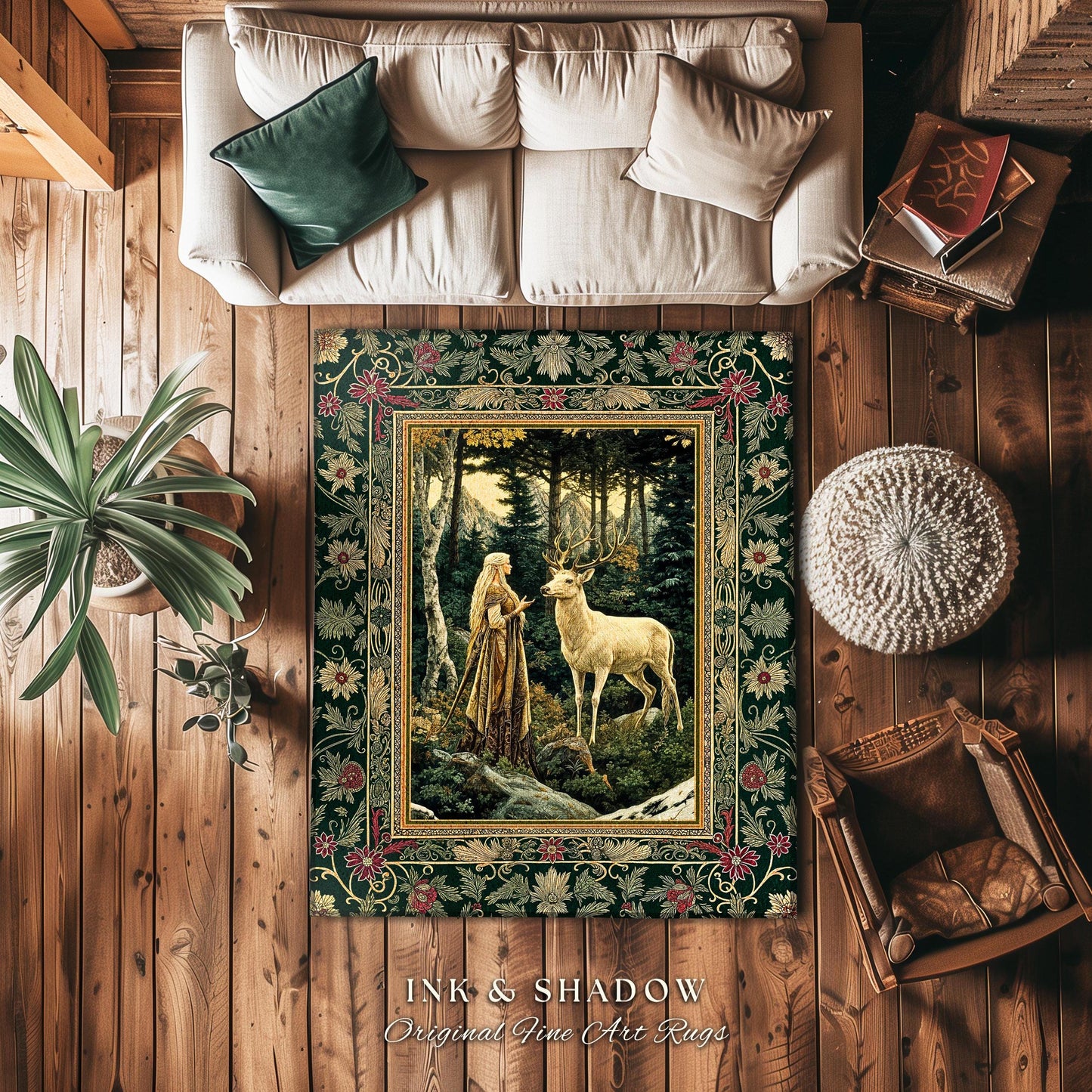 Emerald Forest Spirits Area Rug | Botanical Elegance Woodland Spirits Dark Green Accent Goth Fairycore Romantic Aesthetic Gothic Deer Rug