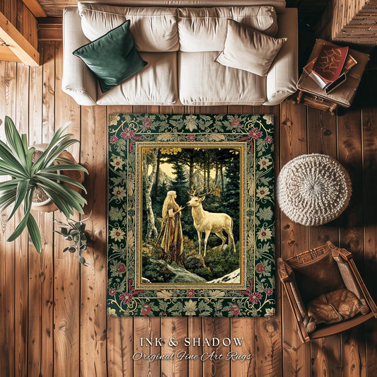 Emerald Forest Spirits Area Rug | Botanical Elegance Woodland Spirits Dark Green Accent Goth Fairycore Romantic Aesthetic Gothic Deer Rug