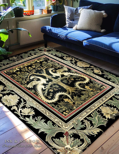 Mythical Dragon Light Academia Tree of Life Rug Enchanted Woodland Cottagecore Botanical Grunge Fairycore Fantasy Forestcore Baroque Decor