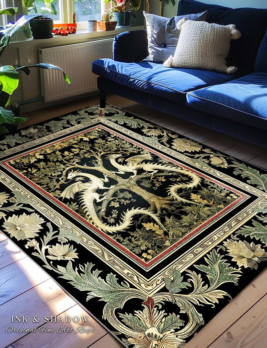 Mythical Dragon Light Academia Tree of Life Rug Enchanted Woodland Cottagecore Botanical Grunge Fairycore Fantasy Forestcore Baroque Decor