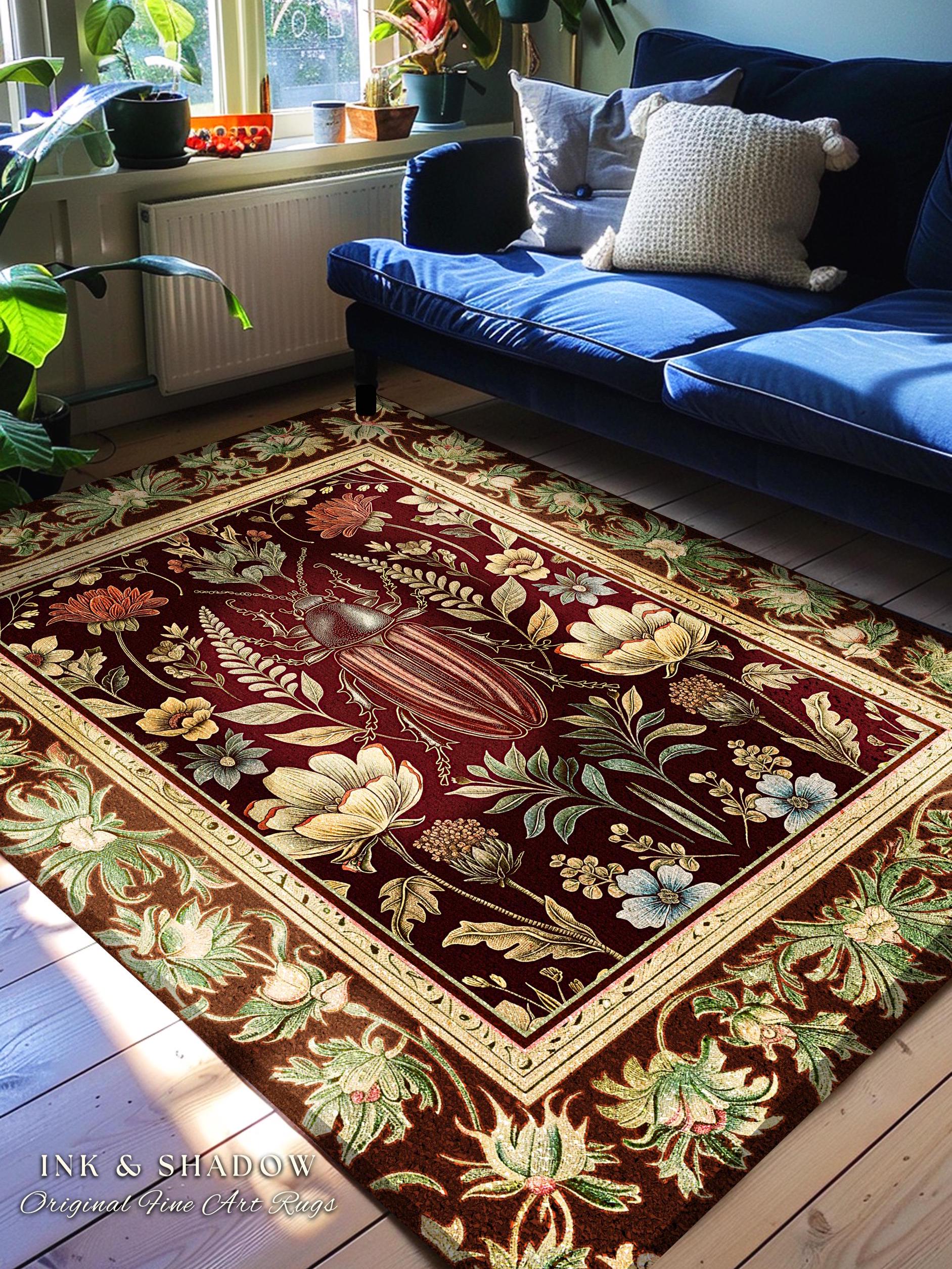 Enchanted Forest Dark Nature Theme Insects Decor Woodland Gothic Rug | Whimsical Dark Botanical Wildflower Forestcore Beetle Art Home Decor