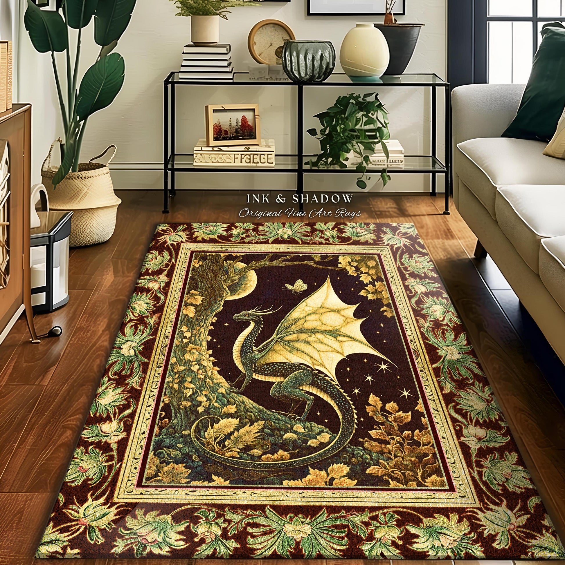 Mystical Dragon Rug Gilded Hygge Antique Moonlit Forest Accent Rug | Vintage Celestial Romantic Baroque Woodland Gothic Art Dark Cottagecore