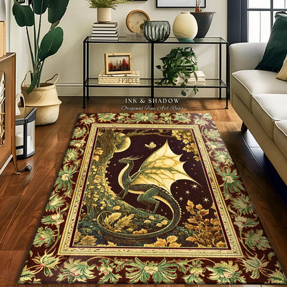 Mystical Dragon Rug Gilded Hygge Antique Moonlit Forest Accent Rug | Vintage Celestial Romantic Baroque Woodland Gothic Art Dark Cottagecore
