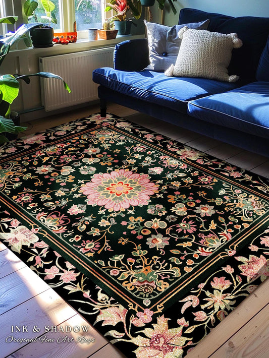 Bohemian Cottagecore Ornate Boho Bedroom Rug Pink Aesthetic Living Room Floral Accent Rug, Multicolored Hippie Room Decor Inspired Area Rug