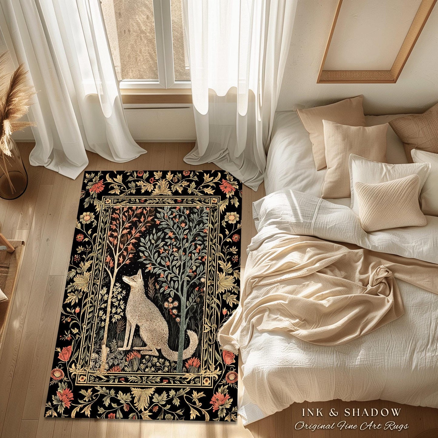 Boho Scandi Round Wolf Rug Woodland Theme Decor Morris Inspired Floral Cottagecore | Fairycore Scandinavian Danish Dark Pastel Wolf Art Rug
