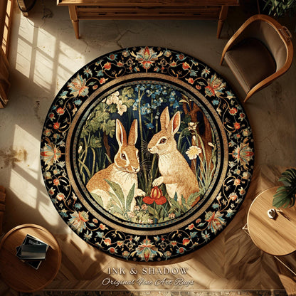 Bunnies in the Woodland Rug | Spring Bunnies Room Decor William Morris Inspired Forest Aesthetic Fairycore Bedroom Floral Bunny Victorian