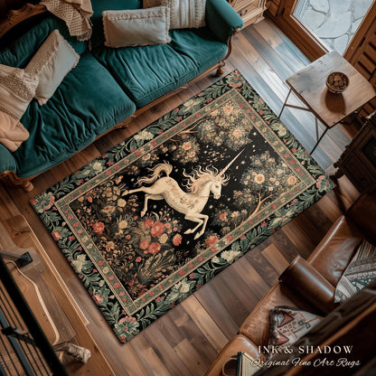 Mystical Folklore Unicorn Round Rug | Whimsical Decor Morris Inspired Cottagecore Aesthetic Pastel Floral Woodland Fairycore Large Area Rug