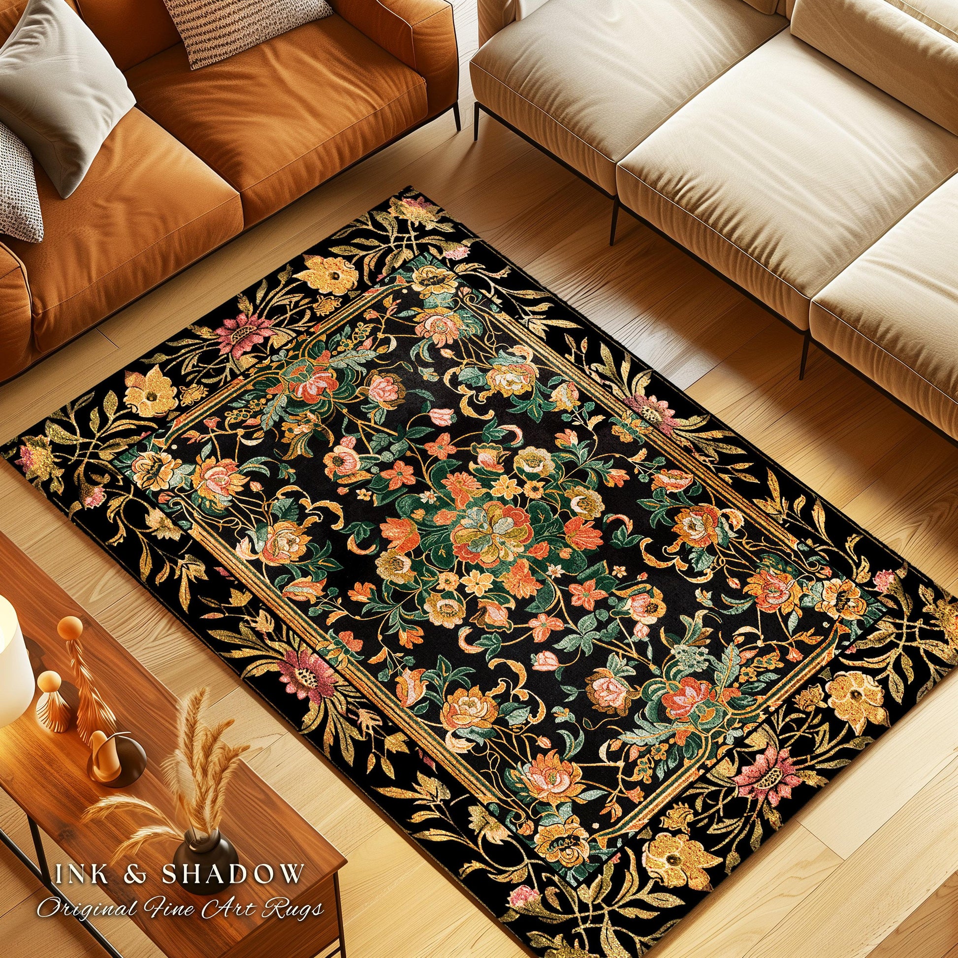 Dark Floral Cottagecore Rug | Bohemian Aesthetic Living Room Home Decor Rustic Housewarming Gift Cottagecore Earth Tone Bedroom Floor Mat