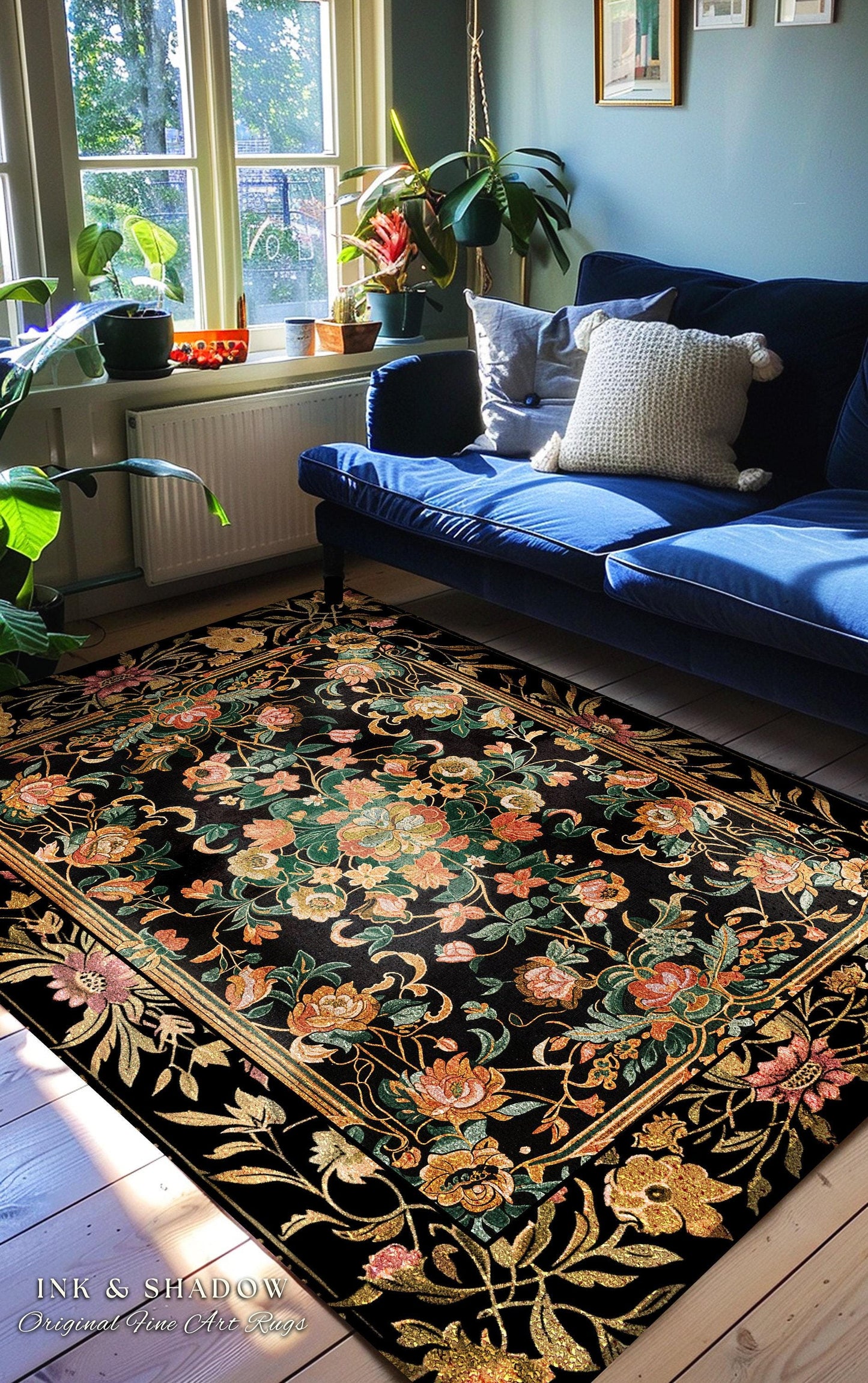 Dark Floral Cottagecore Rug | Bohemian Aesthetic Living Room Home Decor Rustic Housewarming Gift Cottagecore Earth Tone Bedroom Floor Mat