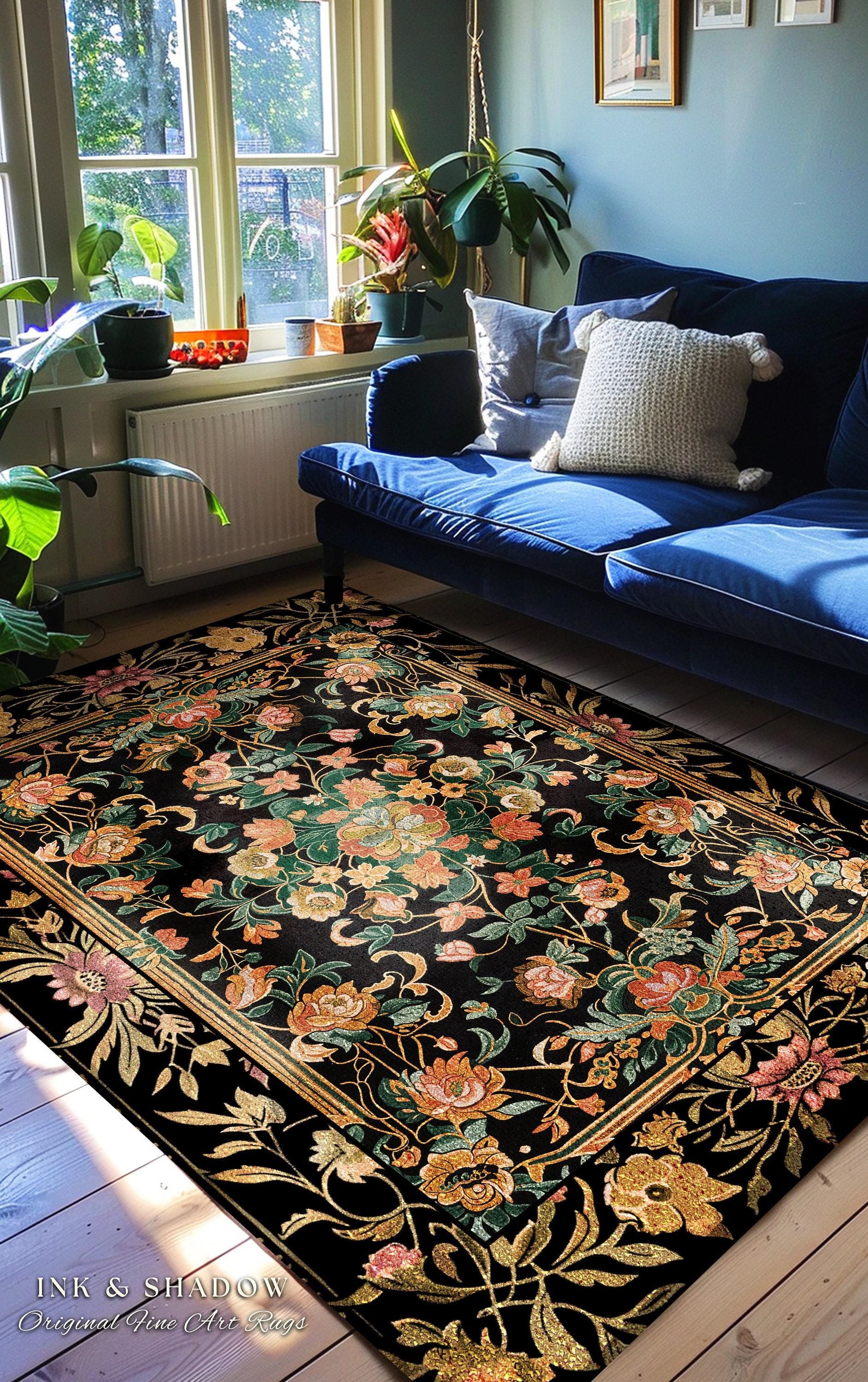 Dark Floral Cottagecore Rug | Bohemian Aesthetic Living Room Home Decor Rustic Housewarming Gift Cottagecore Earth Tone Bedroom Floor Mat
