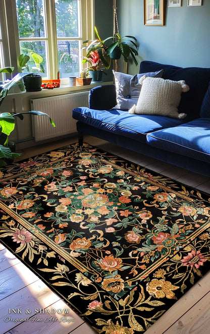 Dark Floral Cottagecore Rug | Bohemian Aesthetic Living Room Home Decor Rustic Housewarming Gift Cottagecore Earth Tone Bedroom Floor Mat