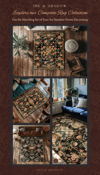 Dark Floral Cottagecore Rug | Bohemian Aesthetic Living Room Home Decor Rustic Housewarming Gift Cottagecore Earth Tone Bedroom Floor Mat