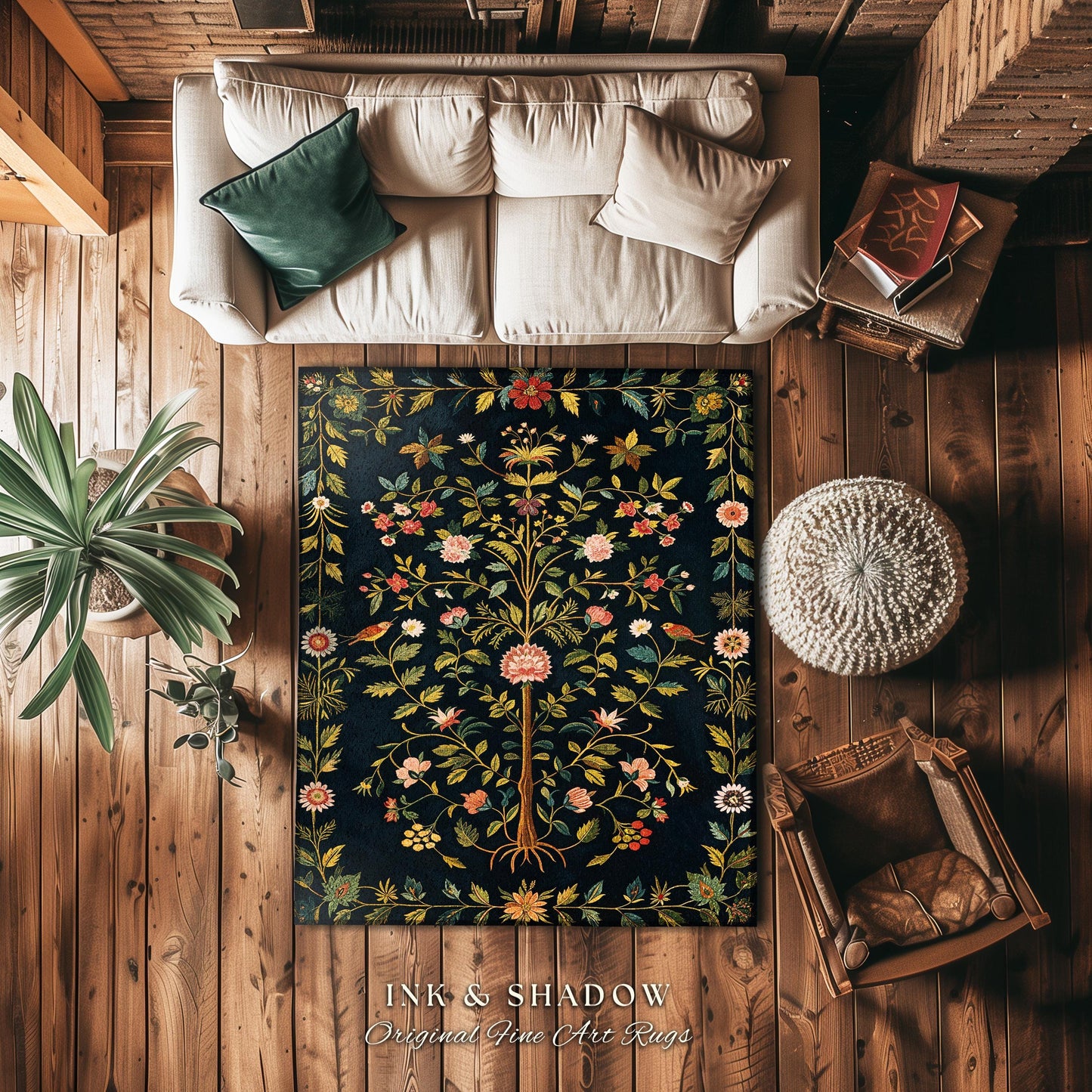 Boho Scandinavian Floral Area Rug | Wildflower Aesthetic Danish Pastel Home Decor Rustic Housewarming Gift Dark Academia Bedroom Folklore |